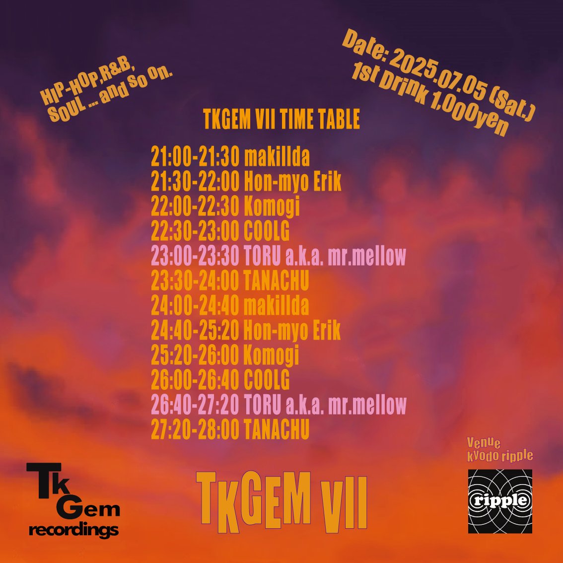さて今夜は21時からHip-Hop/R&amp;BメインのDJパーティーTKGEM
今回はゲストに富山からTORU a.k.a. mr.mellow氏が東京にやってきます！
タイムテーブル、DJ陣は終電前と後の2回転あるので終電前まででも終電からでもぜひお立ち寄りください！
場所は経堂ripple！小田急線！新宿から急行乗れば下北沢の次！