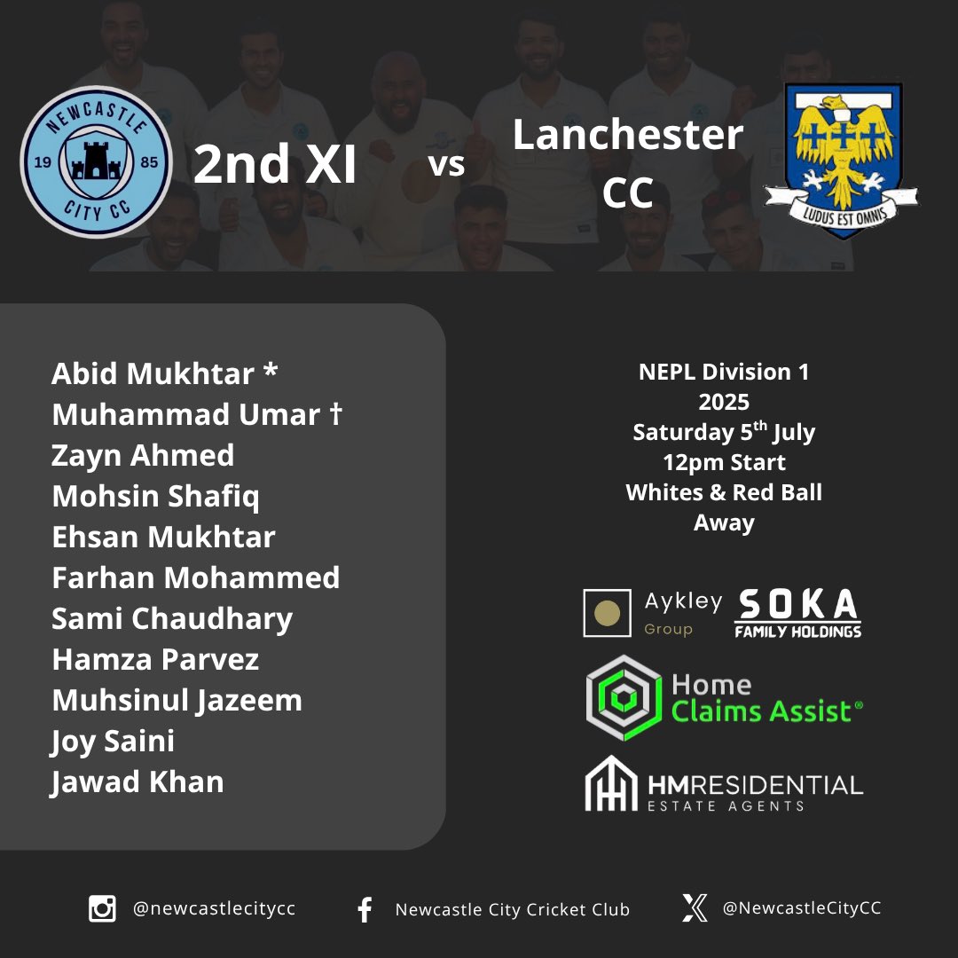 Tomorrow’s XIs vs <a href="/LanchesterCC/">Lanchester CC</a> 

Sponsor Shoutout: HM residential and Home Claim Assist
hmresidential.co.uk
homeclaimsassist.co.uk

Main Sponsors: Aykley Group, Soka Family Holdings