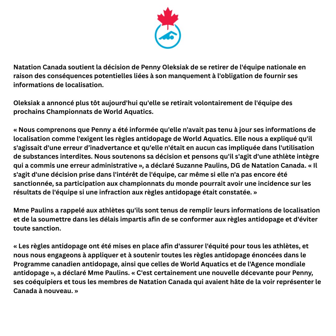 Statement from Swimming Canada regarding Penny Oleksiak.

//

Déclaration de Natation Canada concernant Penny Oleksiak