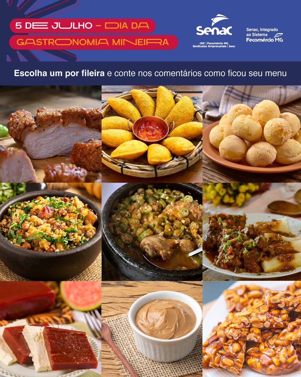 Hoje, 5 de julho, é o Dia da Gastronomia Mineira, uma data para celebrar toda a história e tradição que só as nossas receitas têm. 🔺🧀

Do pão de queijo ao feijão tropeiro, a gente quer saber: dos pratos abaixo, quem fica e quem sai?

Você só pode escolher um por fileira.👀