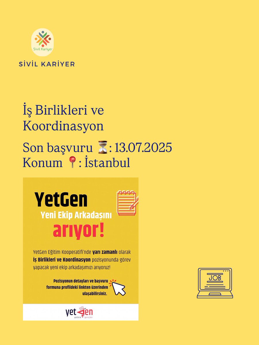 YetGen Ekibine Yeni Bir Üye Arıyor!

📌 Pozisyon: İş Birlikleri ve Koordinasyon Sorumlusu
📩 Başvuru: 12.07.2025 tarihine kadar <a href="/YetGen/">gülcan</a> sayfasından forma ulaşarak başvuru yapabilirsiniz.

Detaylı bilgi için 👉 <a href="/YetkinGencler/">YetGen</a> 
#işilanı #sivilkariyer  #siviltoplum
