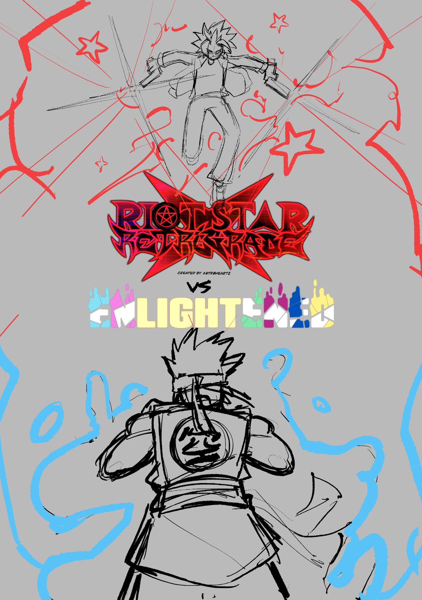 True, Miles already has a cross dimensional rival to scrap with. 

Anyways this is me announcing the crossover comic I’m creating for my web comic Riot Star Retrograde and <a href="/MilesOnishi/">Miles</a> ‘s phenomenal action novel Enlightened.

Here’s the sketch for the cover art.