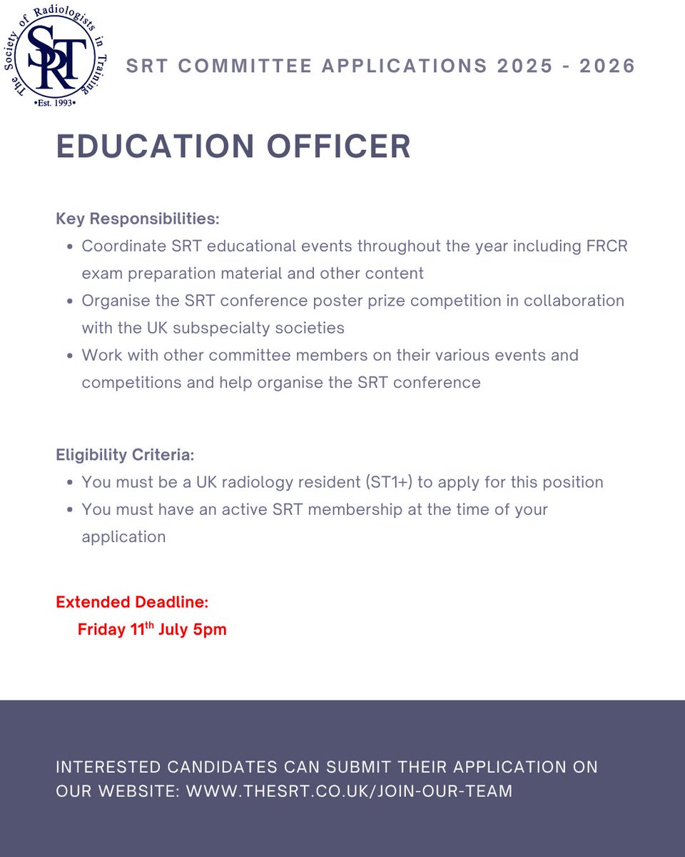 _the_SRT's tweet image. 🚨 APPLICATION DEADLINE EXTENDED! 🚨
We’re recruiting for:
🧠 Education Officer – Lead on events, FRCR content & poster competitions
🤝 Lead Rep – Coordinate our reps & boost national engagement
🗓 Deadline: Fri 11th July, 5pm
#SRT #RadiologyTrainees #MedicalLeadership