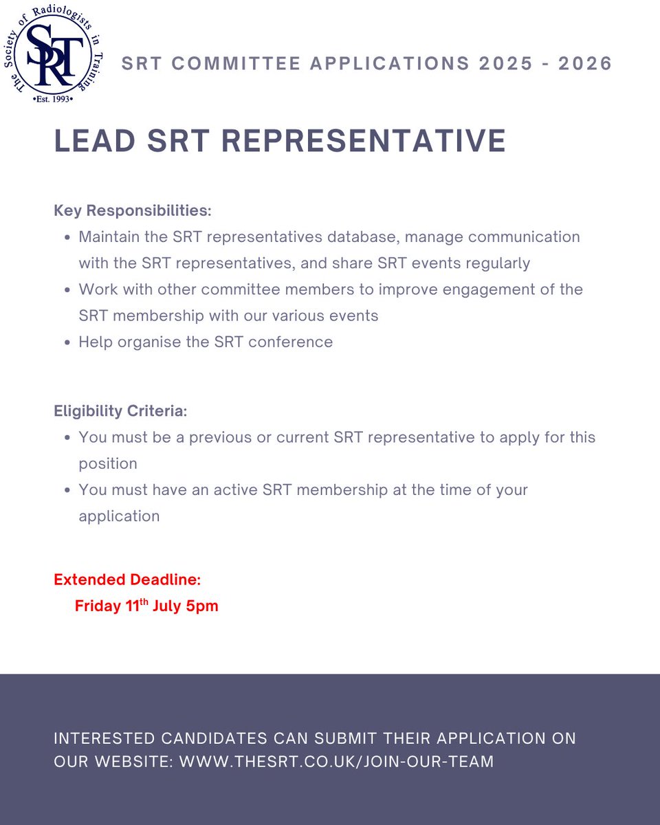 _the_SRT's tweet image. 🚨 APPLICATION DEADLINE EXTENDED! 🚨
We’re recruiting for:
🧠 Education Officer – Lead on events, FRCR content & poster competitions
🤝 Lead Rep – Coordinate our reps & boost national engagement
🗓 Deadline: Fri 11th July, 5pm
#SRT #RadiologyTrainees #MedicalLeadership