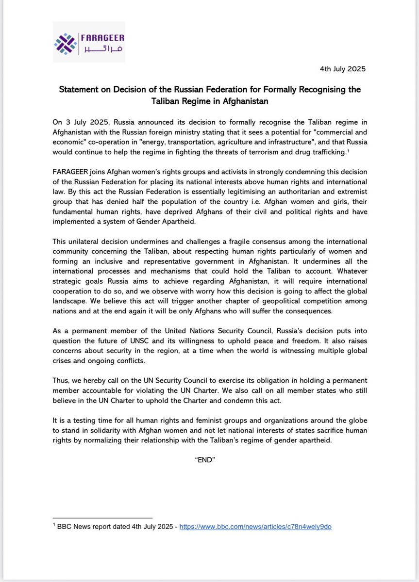 FARAGEER's tweet image. While #condemning Russia's decision to recognize the #GenderApartheid regime of Taliban, FARAGEER members call on #UNSC to exercise its obligation in holding a permanent member accountable for violating the UN Charter.
@unsc
@unwomenchief
@AmuTelevision
@AFIntl_En
@8AM_Media…