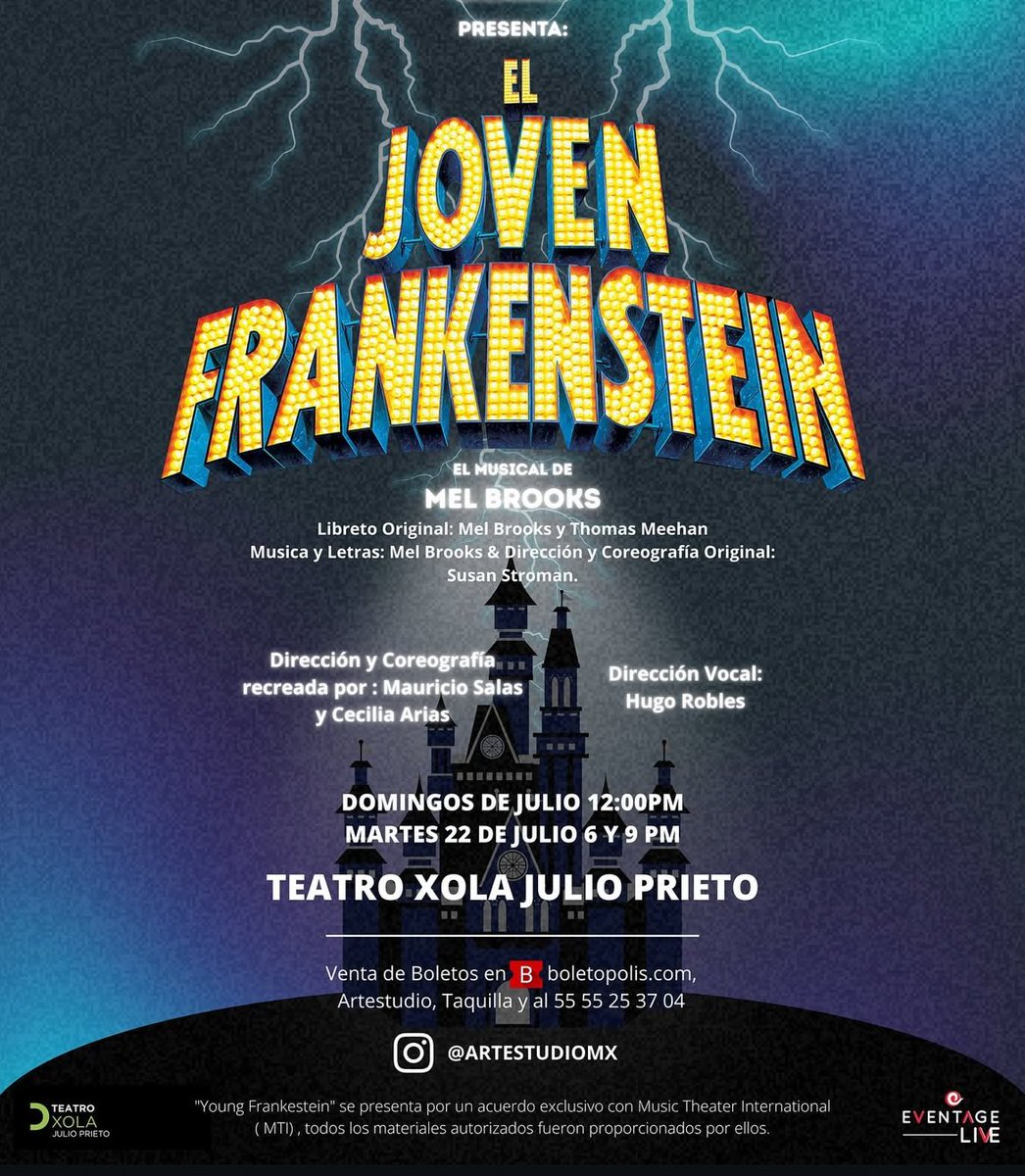 Nos vemos en el gran estreno de " El Joven Frankenstein" Teatro xola (julio prieto) Todos los domingos de julio 12:00 del día y martes 22 de julio
6:00 y 9:00 pm
