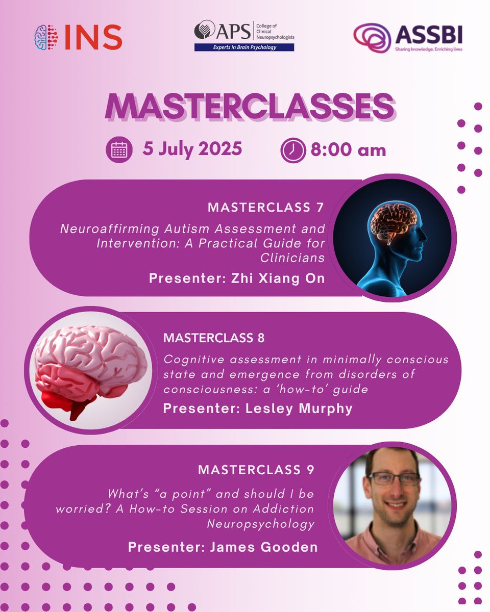 🌟✨ Don’t miss our Masterclasses on July 5, 2025! ✨🌟
Join us for sessions on neuroaffirming autism assessment, cognitive assessment in minimally conscious state, and addiction neuropsychology! 🧠🚀
Check the link for more info! 📚#INS2025inBrisbane 
buff.ly/PHkFjbk