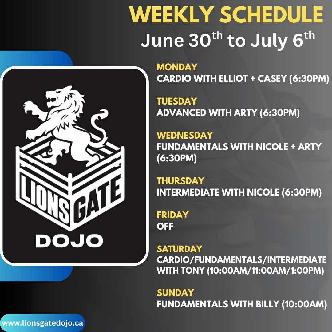 Hey!
Super cool just added 6:30pm cardio and open mat today!
Not booked? Come thru!
<a href="/lionsgatedojo/">Lions Gate Dojo</a>