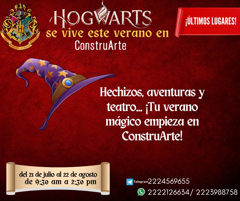 🪄✨ ¡Este verano tu hijo vivirá una experiencia mágica!

En ConstruArte, mezclamos el teatro con la fantasía de Harry Potter para que desarrollen su creatividad, seguridad y trabajo en equipo.

🎭 21 julio al 22 agosto
📍 Col. La Paz | 📲 2222126634
#VeranoMágico