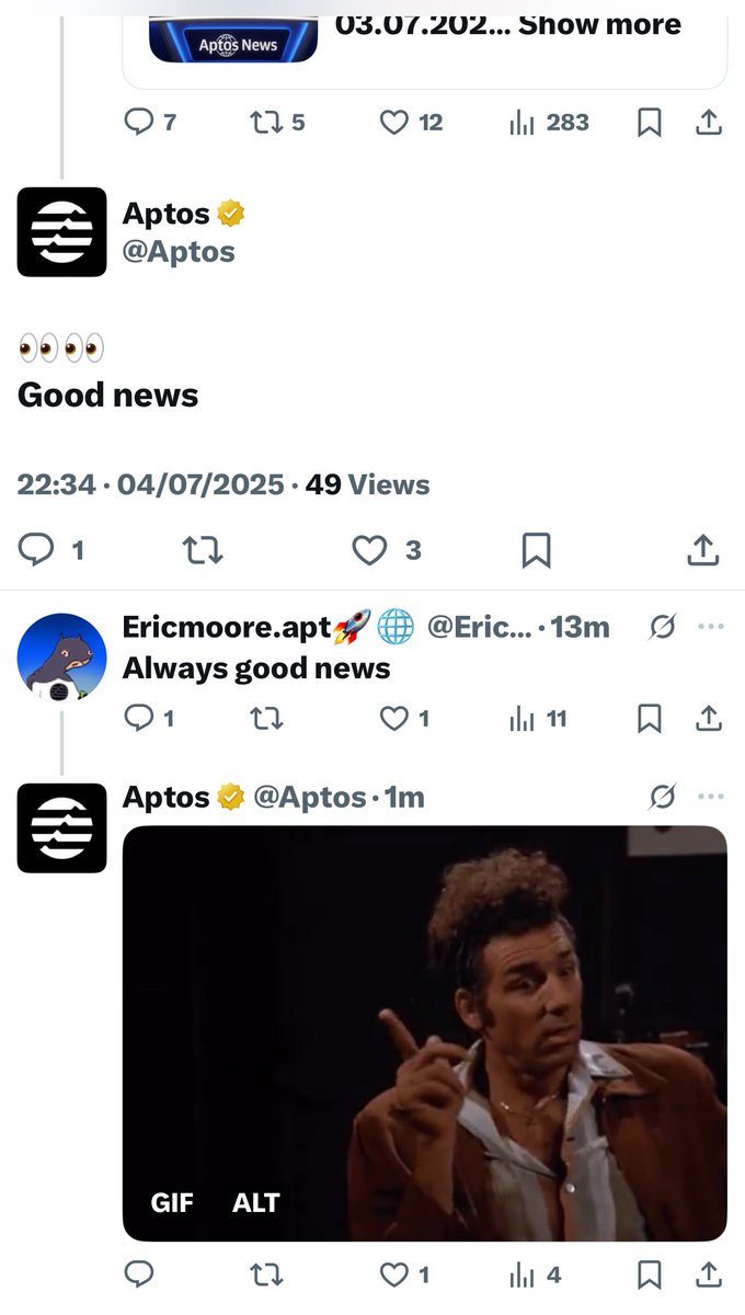Aptosmistic's tweet photo. Seeing @Aptos on the streets of X supporting trench men is enough reason to roll with the Aptos ecosystem.

It's all supportive in here 🫂 https://t.co/u1BJ7cKovu