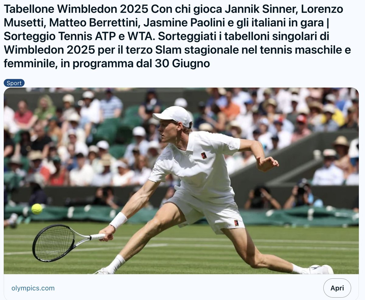 <a href="/janniksin/">Jannik Sinner</a> <a href="/Wimbledon/">Wimbledon</a> Tabellone  #Wimbledon 2025 Con chi gioca Jannik Sinner : reddit.com/r/oknotizie/co… -    Lorenzo Musetti, Matteo  Berrettini, Jasmine Paolini e gli italiani in gara | Sorteggio Tennis  #ATP e #WTA.  #Wimbledon2025  #3Slam #tennis <a href="/Wimbledon/">Wimbledon</a> - #r3   <a href="/atptour/">ATP Tour</a>