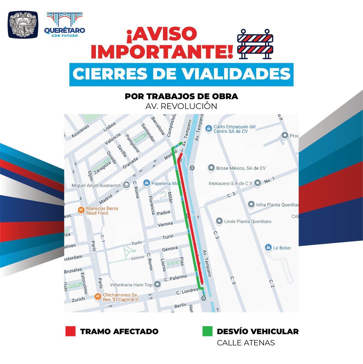 🚧 Aviso importante
Por trabajos de obra, 
a partir de hoy habrá cierre vial en Av. Revolución, hasta nuevo aviso. 
El tránsito será desviado por la calle Atenas.

Toma precauciones y planea tu ruta con anticipación.