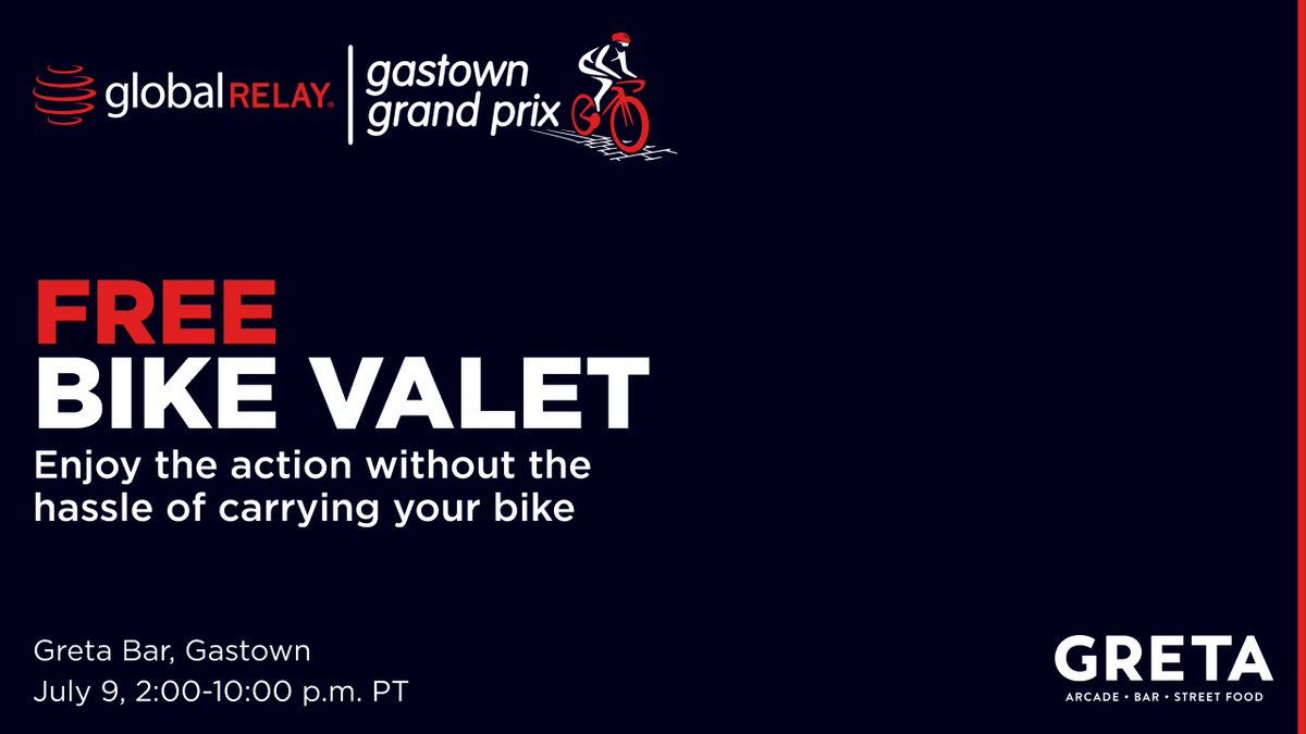 Courtesy of Greta Bar, we're offering a FREE bike valet where you can safely park your bike and enjoy the race with peace of mind. 

Space is limited, so arrive early to avoid disappointment.

📌 Greta Bar, Gastown
📅 July 9
⏲️ 2:00 p.m. - 10:00 p.m. PT