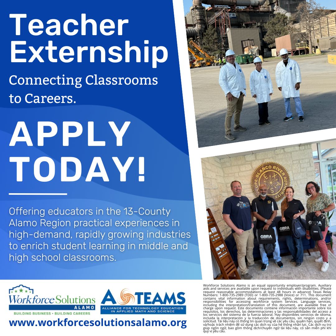 Apply now for the 2025 Teacher Externship Program, a hands-on opportunity that connects educators with local industries to help bridge the gap between education and the workforce.

cognitoforms.com/WorkforceSolut…

#WorkforceSolutionsAlamo #TeacherExternship #AlamoArea