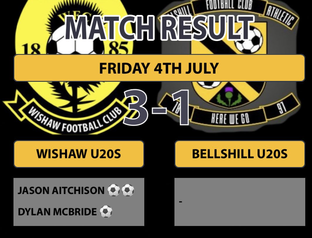 Wishaw U20s 3-1 Bellshill U20s 

Great result and performance in the lads first game of pre-season. Having only trained once beforehand as a new group, they looked extremely sharp and won the game very comfortably.

Mon the wishy⚫️🟡⚫️