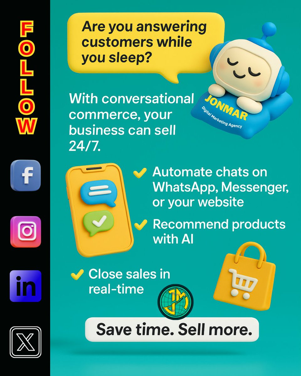 JonMarStore's tweet image. 🤖 Sell 24/7 with conversational commerce.
At JonMar.Store we set up:
✔️ AI chatbots
✔️ Voice assistants
✔️ Sales inside Messenger &amp;amp; WhatsApp

Smarter support = more sales.

#ConversationalCommerce #AIChatbots #JonMarStore #AutomatedMarketing #VoiceAI