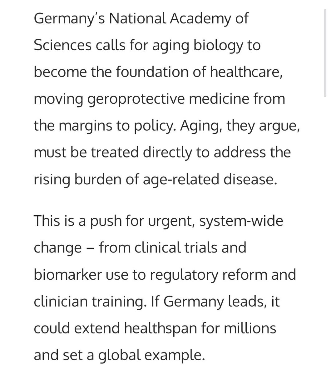 🇩🇪 Germany’s national academy of sciences advises the government to treat ageing as a disease. 

This would lead Germany &amp; Europe to become the Prime place for longevity research, potentially being able to increase health &amp; lifespan for all Europeans. 🇪🇺