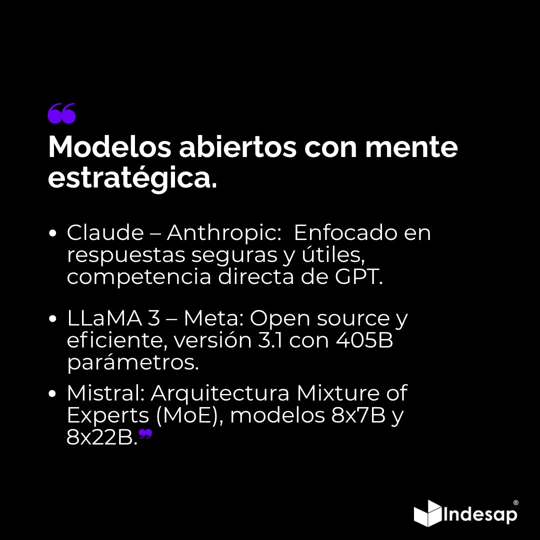 Indesap's tweet photo. 📊 Lo mejor en IA 2025:
GPT‑4.5, DeepSeek, Claude, Gemini, LLaMA.
¿Ya estás usando alguno?
#LLMs #IA #TechNews https://t.co/VsRAiLo5sf