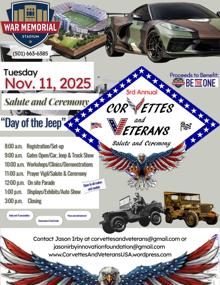 JasonIrbyLWL's tweet photo. Save the Date!  Nov. 11, 2025 for the 3rd Annual Corvettes and Veterans Salute and Ceremony at War Memorial Stadium in Little Rock, Arkansas.  For more information visit https://t.co/yGYmA59dEf
#Corvettesandveterans #LittleRock #Arkansas #VeteransDay2025 https://t.co/dbdsLLQS3w