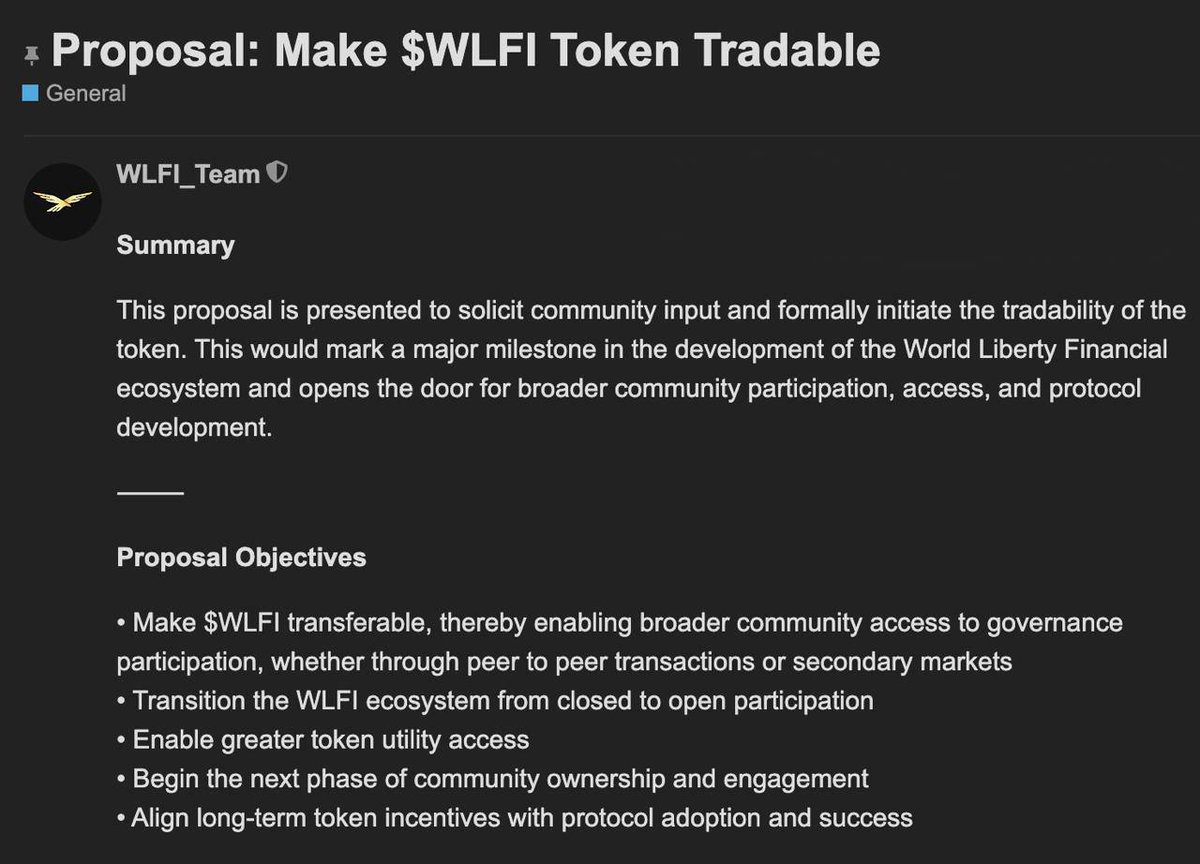GM

Donald Trump's company, World Liberty Financial, has put a proposal to vote on launching trading of the WLFI token.

 The team proposes:
— To open the free circulation of the WLFI token.
— To include new participants in the management of the protocol.
— To unlock a portion of