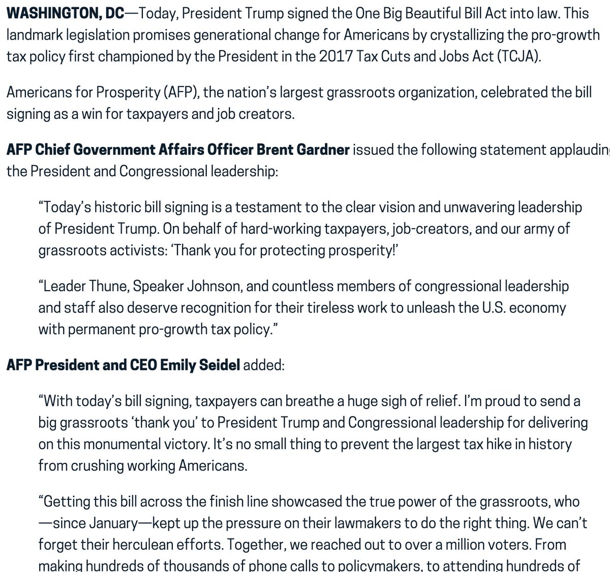 SeidelSays's tweet image. With today’s bill signing, taxpayers can breathe a huge sigh of relief. I’m proud to send a big grassroots ‘thank you’ to @POTUS and both @HouseGOP &amp;amp; @SenateGOP for delivering on this monumental victory. 

Full statement from AFPHQ ￼👇

americansforprosperity.org/press-release/…