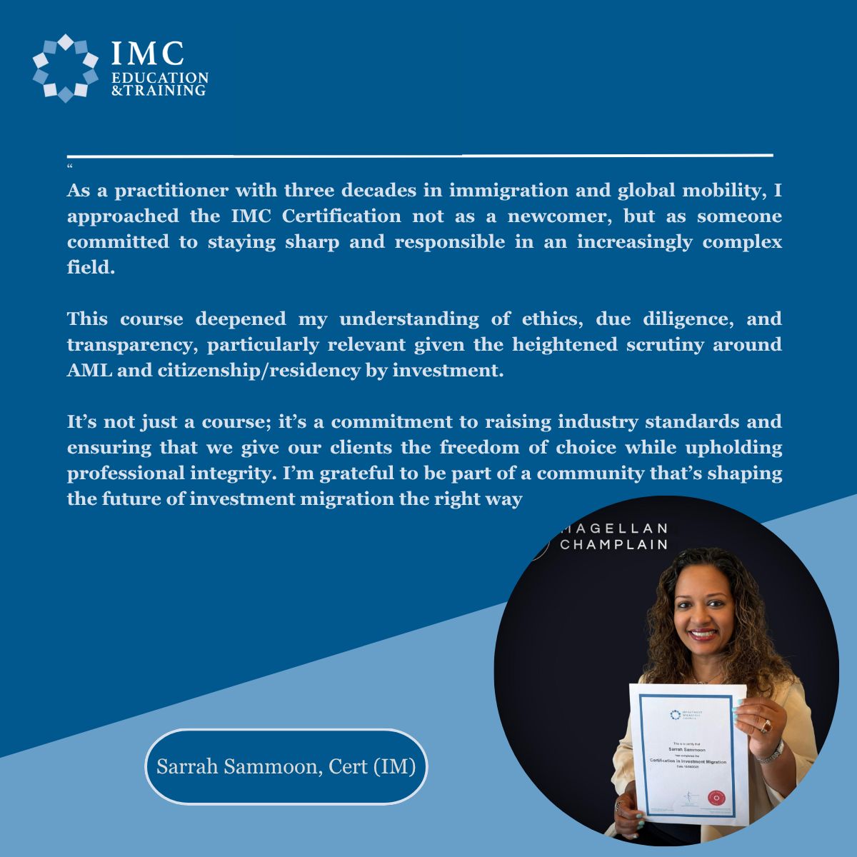 Thrilled to share that I’m now the first Sri Lankan to be IMC Certified in Investment Migration. After 30+ years in global mobility, this certification reinforces my commitment to ethical, high-impact, and compliant pathways for individuals, families &amp; businesses.
To Sri Lankan