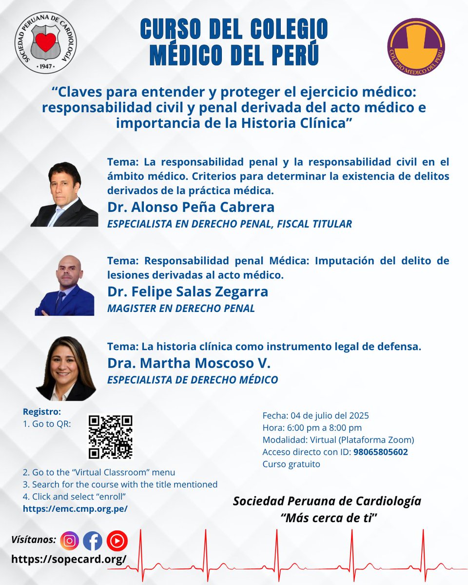SOPECARD (@sopecard1947) on Twitter photo Los invitamos a participar del curso organizado por el Colegio Médico del Perú.
Fecha:  04 de Julio del 2025
Hora: 6:00 pm a 8:00 pm
Modalidad: Virtual (Plataforma Zoom) Los invitamos a participar del curso organizado por el Colegio Médico del Perú.
Fecha:  04 de Julio del 2025
Hora: 6:00 pm a 8:00 pm
Modalidad: Virtual (Plataforma Zoom)