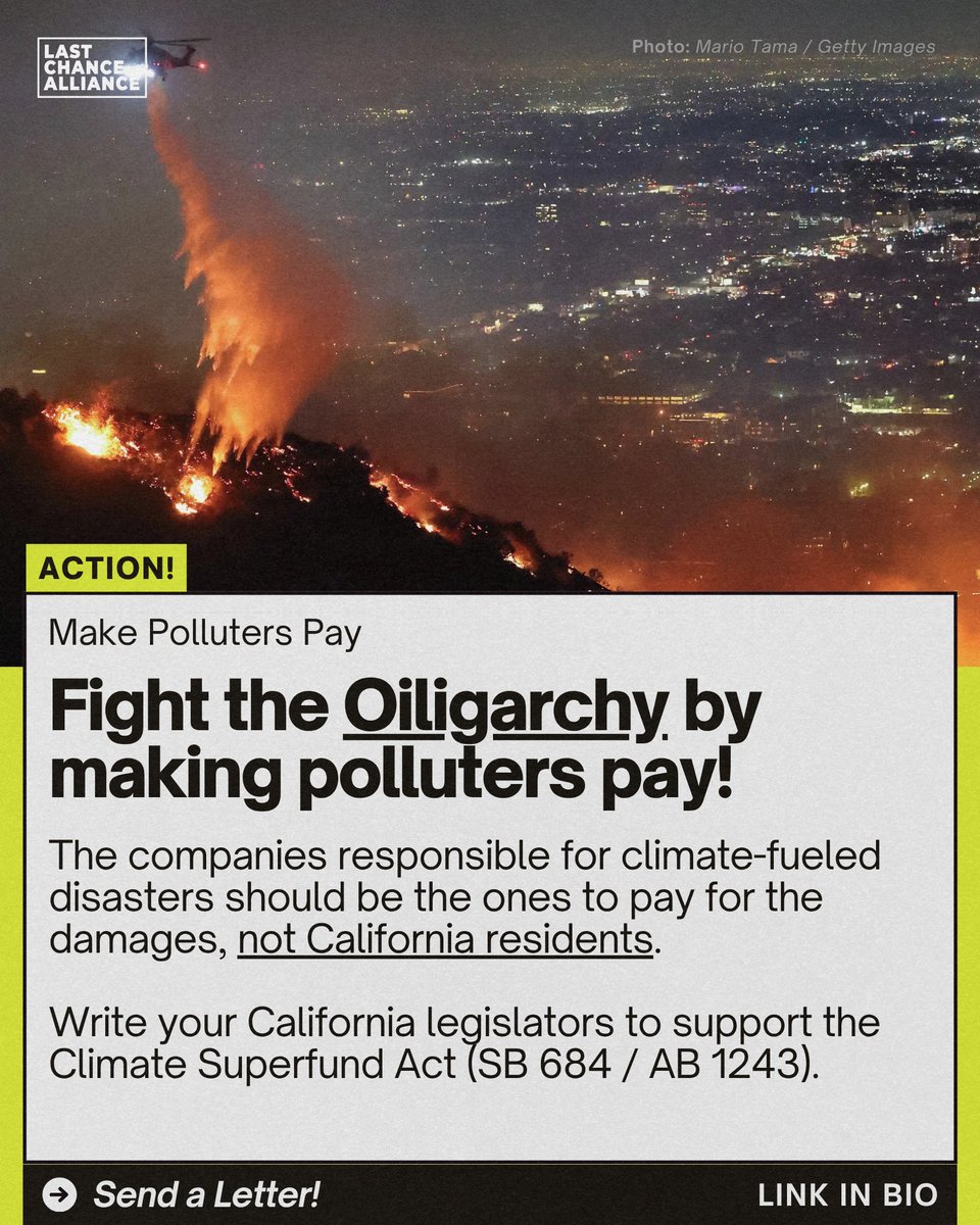 Write your California legislators and demand they support the Make Polluters Pay Climate Superfund Act (SB 684 / AB 1243).

Big Oil fueled this crisis — they should pay for their fair share of the damage, not working Californians.

actionnetwork.org/petitions/cali… 

#MakePollutersPay