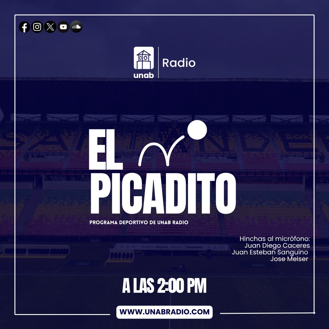 Donde el deporte se analiza con pasión y sin rodeos. Escucha El Picadito este lunes a las 2:00 p.m. por Unab Radio. Jugadas, polémicas, goles y todo lo que se habla (y se grita) en la cancha… pero con micrófono. #ElPicadito #UnabRadio #DeporteEnLaRadio #FútbolConOpinión