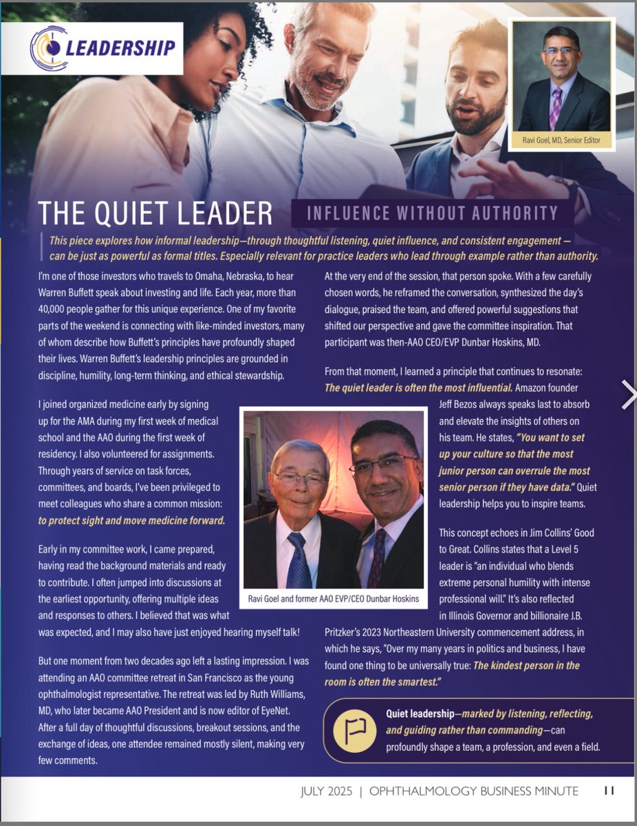 RaviGoelMD's tweet image. “The quiet leader is often the most influential.”
Honored to share lessons on informal leadership in Ophthalmology Business Minute. ophthalmologybusinessminute.com/ophthalmology-…
#QuietLeadership #Ophthalmology #AAO @RuthWilliamsMD1 @OphthoBizMinute @aao_ophth #ProtectingSight