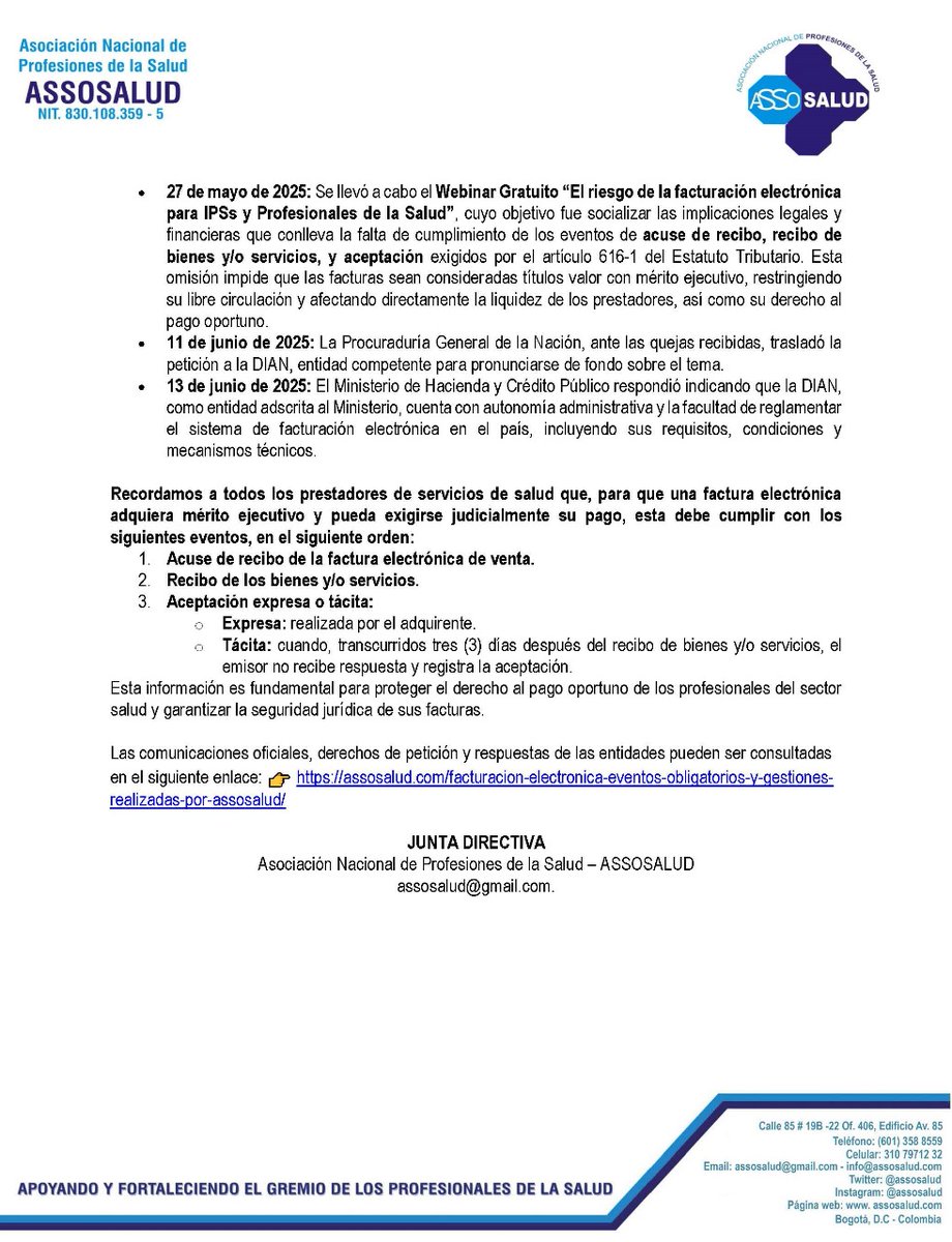 📢 #ComunicadoImportante
Si su #FacturaElectrónica no tiene:
✅ Acuse de recibo
✅ Recibo de bienes/servicios
✅ Aceptación
NO podrá cobrarse judicialmente.

ASSOSALUD gestionó acciones ante DIAN y Procuraduría por esta problemática.
ℹ️ Más información: assosalud.com/facturacion-el…