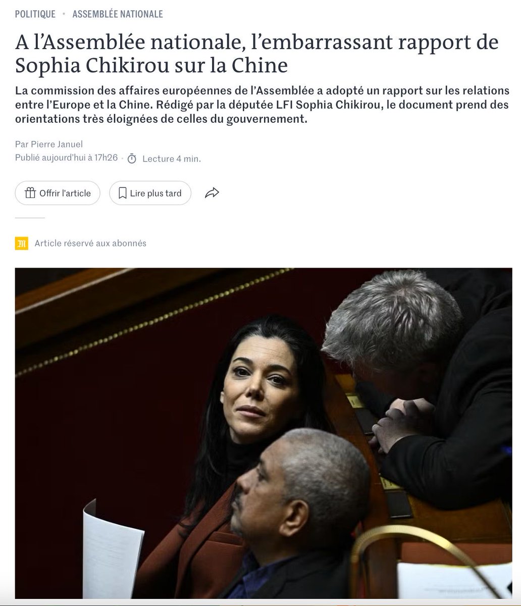 Wahou…
Quand dans un rapport pour la commission des affaires européennes, la députée France Insoumise Sophia Chikirou loue le système politique chinois, un régime accessoirement totalitaire et impérialiste, qui accessoirement bafoue nombre d’élémentaires droits humains…