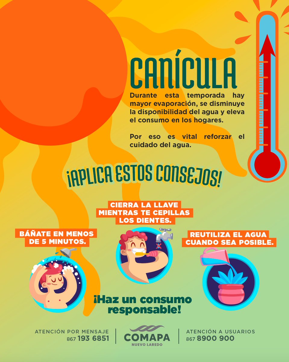 ComapaNvoLaredo's tweet photo. Durante la canícula, el calor extremo y las bajas lluvias aumentan la presión sobre nuestras fuentes de agua. ¡Es vital reforzar su cuidado!
Se provoca mayor evaporación, disminuye la disponibilidad del agua y eleva el consumo en los hogares.
Hoy más que nunca, el agua vale más. https://t.co/dv6DWMB8cS