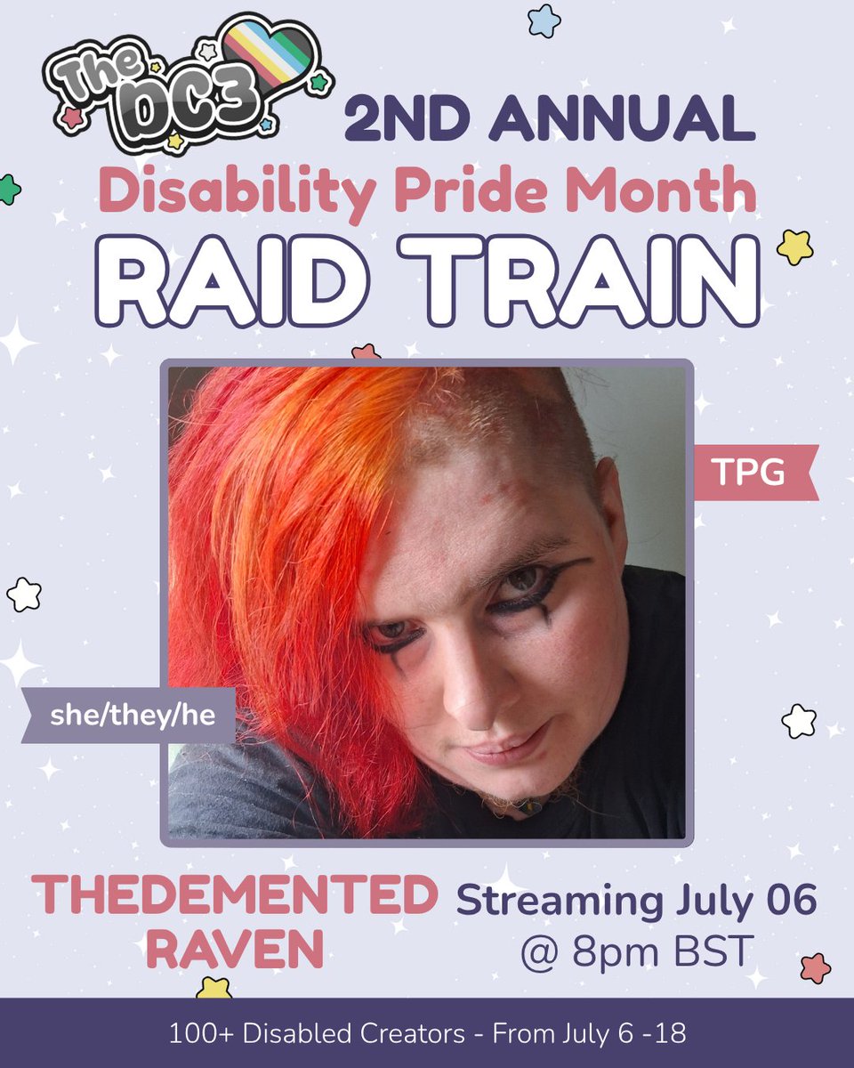 🦇TheDementedRaven🦇 (@tdementedraven) on Twitter photo I'm proud to announce that I'm going to be featured on the <a href="/DisabledCCC/">Disabled Content Creators Collective (DC3)</a> raid train for Disability Pride Month~
It's going to be amazing as it'll be full of the most amazing Disabled & BIPOC creators~
See you all on Sunday at 8pm BST! 🖤🦇
twitch.tv/thedementedrav… I'm proud to announce that I'm going to be featured on the <a href="/DisabledCCC/">Disabled Content Creators Collective (DC3)</a> raid train for Disability Pride Month~
It's going to be amazing as it'll be full of the most amazing Disabled & BIPOC creators~
See you all on Sunday at 8pm BST! 🖤🦇
twitch.tv/thedementedrav…
