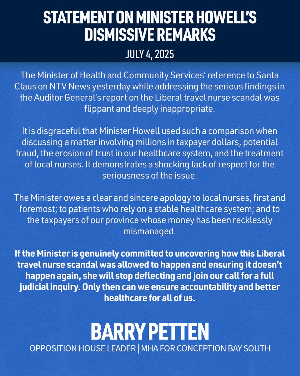 PC Party of NL (@pcpartynl) on Twitter photo Please read this statement from MHA <a href="/BarryPetten/">Barry Petten</a> on the Minister of Health and Community Services’ flippant and deeply inappropriate reference to Santa Claus on NTV News yesterday while addressing the serious findings in the Auditor General’s report on the Liberal travel nurse Please read this statement from MHA <a href="/BarryPetten/">Barry Petten</a> on the Minister of Health and Community Services’ flippant and deeply inappropriate reference to Santa Claus on NTV News yesterday while addressing the serious findings in the Auditor General’s report on the Liberal travel nurse