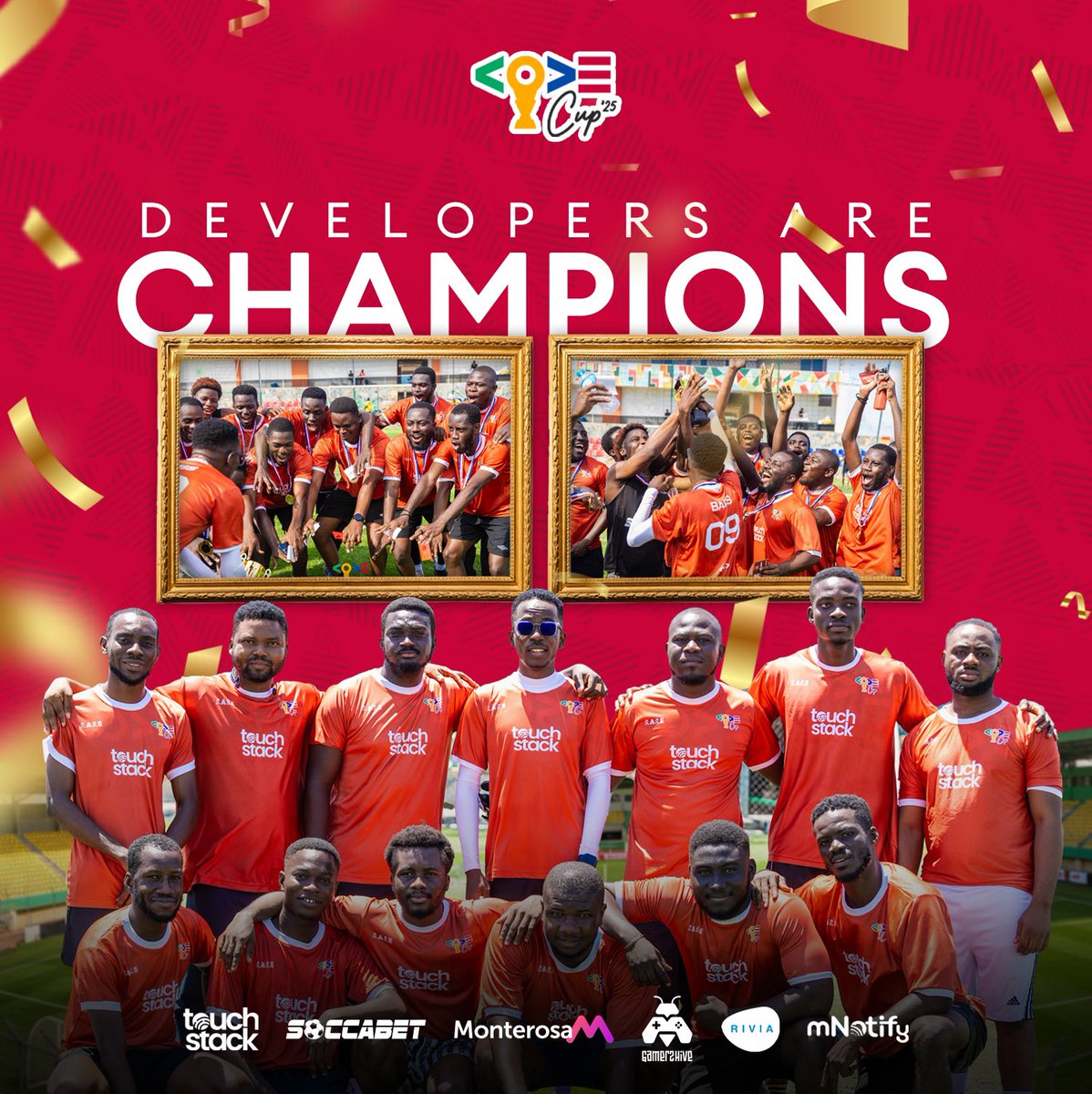 Champions on GitHub, champions on the pitch.🥳

The devs didn’t just deploy code, they deployed goals.⚽️😎

Big shoutout to the squad and every sponsor that backed the win!🫡

#CodeCup25