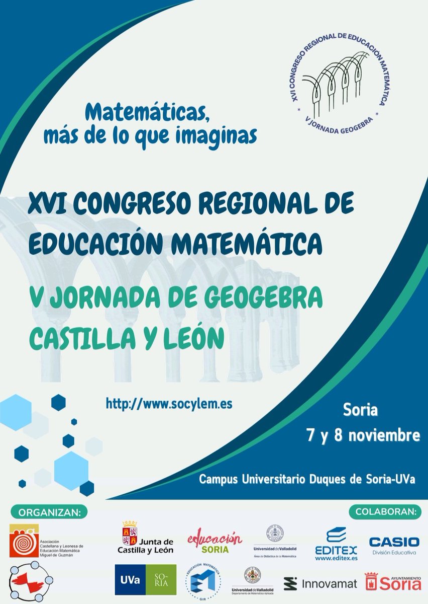 SocylemSoria (@socylemsoria) on Twitter photo #Congreso Educación Matemática y Jornada #Geogebra Castilla y León. Soria 7 y 8 noviembre. Anímate y presenta una comunicación.<a href="/socylemsoria/">SocylemSoria</a> <a href="/socylemBurgos/">SOCYLEM BURGOS</a> <a href="/socylemva/">Socylem Valladolid</a>
<a href="/socylemva/">Socylem Valladolid</a> <a href="/socylemsalaman1/">socylemsalamanca</a>
<a href="/SocylemPalencia/">Socylem Palencia</a> <a href="/Socylem_cyl/">@socylem_cyl</a>
educa.jcyl.es/es/temas/calid… #Congreso Educación Matemática y Jornada #Geogebra Castilla y León. Soria 7 y 8 noviembre. Anímate y presenta una comunicación.<a href="/socylemsoria/">SocylemSoria</a> <a href="/socylemBurgos/">SOCYLEM BURGOS</a> <a href="/socylemva/">Socylem Valladolid</a>
<a href="/socylemva/">Socylem Valladolid</a> <a href="/socylemsalaman1/">socylemsalamanca</a>
<a href="/SocylemPalencia/">Socylem Palencia</a> <a href="/Socylem_cyl/">@socylem_cyl</a>
educa.jcyl.es/es/temas/calid…