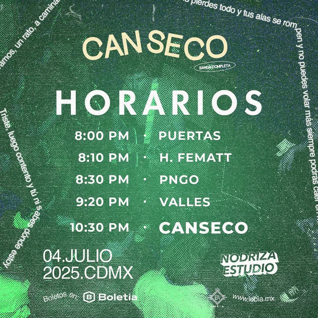 Heavy News (@heavynews_) on Twitter photo ¡Hoy es el show de @CansecoTJ en #Monterrey! 💚
La cita es en <a href="/NodrizaEstudio/">Nodriza Estudio</a> con show de full band, tocando temas de su disco "El Tiempo y la Ciudad" y otros clásicos. 🤘
Los acompañan: Valles, PNGO y H. Fematt. 🔥
Aquí te dejamos los horarios. 👇 ¡Hoy es el show de @CansecoTJ en #Monterrey! 💚
La cita es en <a href="/NodrizaEstudio/">Nodriza Estudio</a> con show de full band, tocando temas de su disco "El Tiempo y la Ciudad" y otros clásicos. 🤘
Los acompañan: Valles, PNGO y H. Fematt. 🔥
Aquí te dejamos los horarios. 👇
