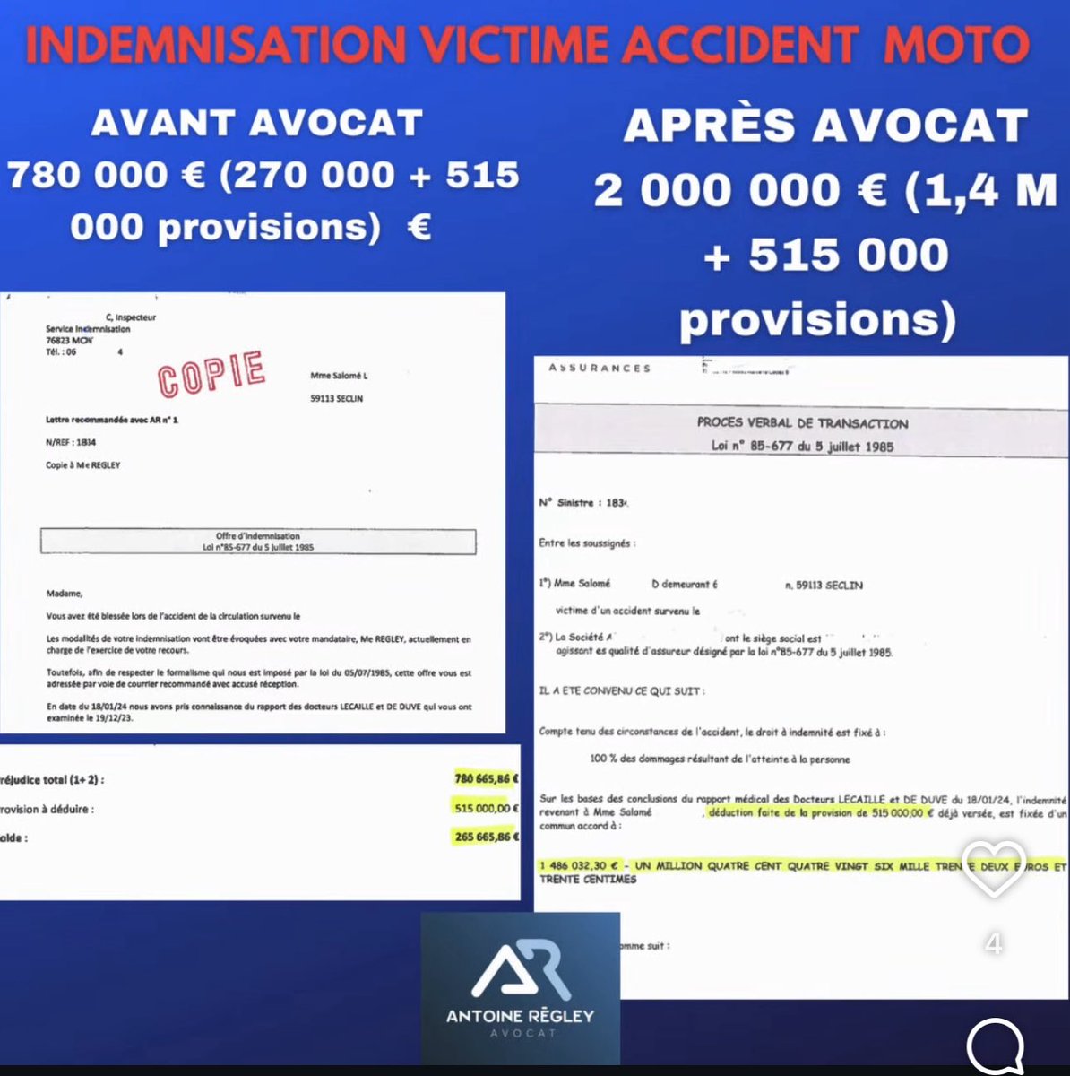 Vous comprenez pourquoi les assureurs ne veulent pas des réformes favorables aux victimes ? 

Vous avez vu l’écart entre les deux offres ? Pourtant, beaucoup d’assureurs jurent aux victimes que « cela ne sert à rien de prendre un avocat » …

#jamaissansmonavocat
