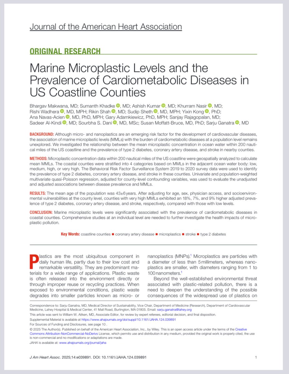 Ashish Kumar, MD (@ashish_kumar_md) on Twitter photo Marine Microplastic Levels and the
Prevalence of Cardiometabolic Diseases in
US Coastline Counties
🔗 ahajournals.org/doi/epdf/10.11…
<a href="/SumanthKhadkeMD/">Sumanth Khadke MD</a> <a href="/SaurabhSDani/">Saurabh S Dani, MD, MSc</a> <a href="/SarjuGanatraMD/">Sarju Ganatra, MD, FACC</a> <a href="/LaheyCardiology/">Lahey Cardiology</a> <a href="/MayoCVFellows/">Mayo Clinic Rochester Cardiology Fellows</a> <a href="/MayoClinicCV/">Mayo Clinic CV</a> Marine Microplastic Levels and the
Prevalence of Cardiometabolic Diseases in
US Coastline Counties
🔗 ahajournals.org/doi/epdf/10.11…
<a href="/SumanthKhadkeMD/">Sumanth Khadke MD</a> <a href="/SaurabhSDani/">Saurabh S Dani, MD, MSc</a> <a href="/SarjuGanatraMD/">Sarju Ganatra, MD, FACC</a> <a href="/LaheyCardiology/">Lahey Cardiology</a> <a href="/MayoCVFellows/">Mayo Clinic Rochester Cardiology Fellows</a> <a href="/MayoClinicCV/">Mayo Clinic CV</a>