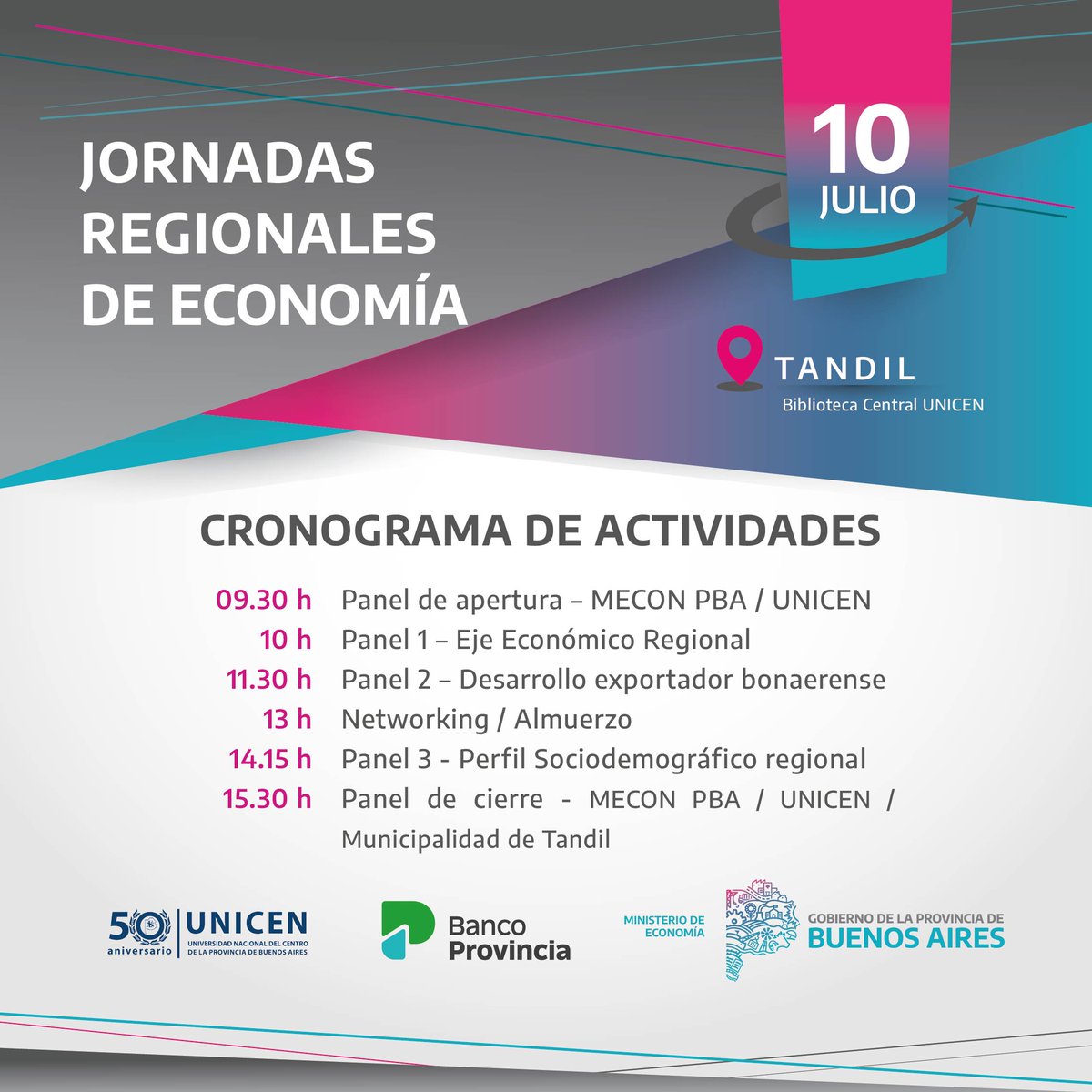 ¡Llega la primera Jornada Regional de Economía a Tandil!

Junto a <a href="/bancoprovincia/">Banco Provincia</a> y <a href="/UNICEN_Oficial/">UNICEN</a> las y los invitamos a este espacio de debate:

✅Desafíos económicos actuales
✅Oportunidades de inserción exportadora
✅Panorama social en clave territorial

🗓️10/7 - 9.30 h