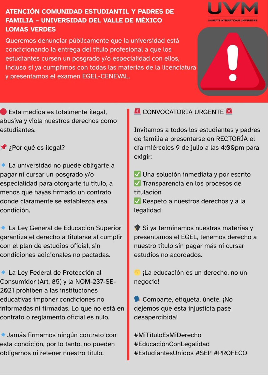 alexagallardoo's tweet photo. ¿Sabías que la UVM quiere condicionarnos el título solo por no seguir pagando un posgrado con ellos?
Esto no solo es injusto, es ILEGAL Estudiar una licenciatura no debe convertirse en una trampa para forzarte a pagar más. 
#EstudiantesUnidos #SEP #PROFECO #MiTítuloEsMiDerecho https://t.co/IaEWM60jsA