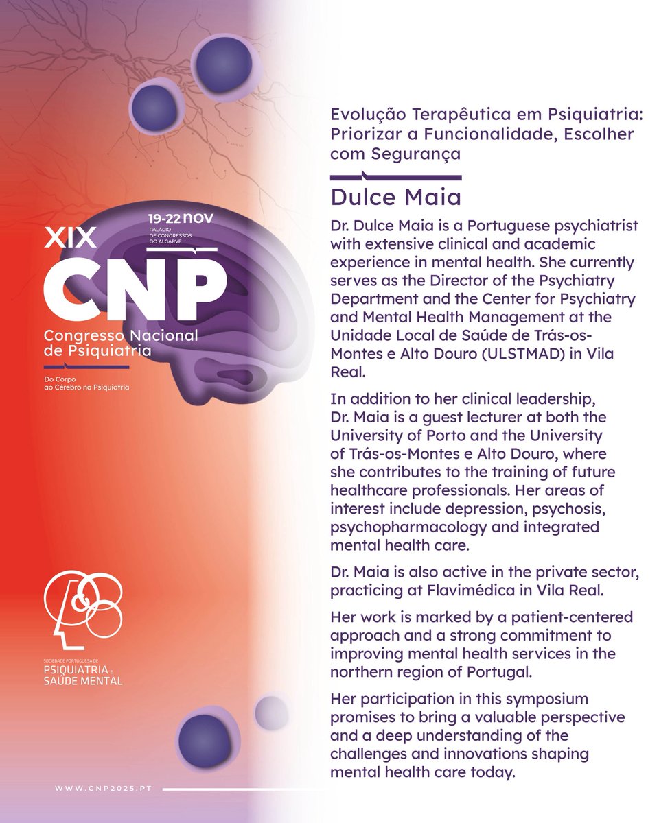 🔔 𝗗𝗿. 𝗟𝘂í𝘀 𝗠𝗮𝗱𝗲𝗶𝗿𝗮 e 𝗗𝗿.ª 𝗗𝘂𝗹𝗰𝗲 𝗠𝗮𝗶𝗮 são dois dos palestrantes que vão estar presentes no XIX Congresso Nacional de Psiquiatria. 👏  

🔗 Para mais informações sobre o #CNP2025, consulte o site: sppsm.org
