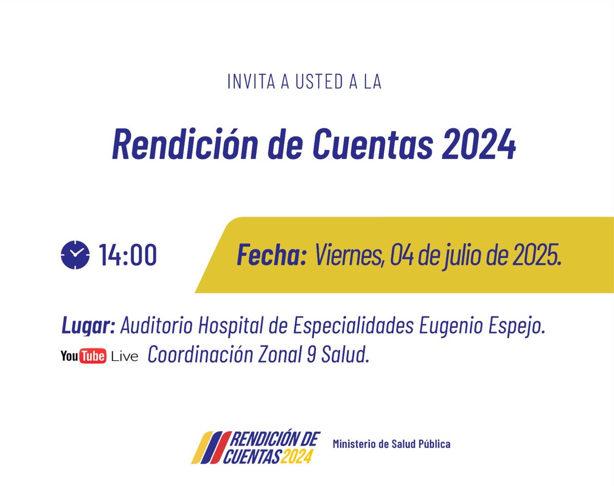 📢 Hoy es el día.

Te invitamos a ser parte activa de nuestra Rendición de Cuentas 2024.

🕘 Tu participación fortalece la transparencia y la mejora continua de nuestros servicios.

🔎 ¿Ya revisaste el informe preliminar?
📄 Consulta aquí: salud.gob.ec/wp-content/upl…

🗣️ ¿Tienes