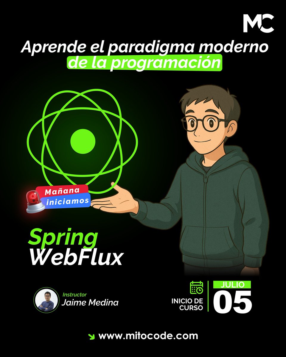 mitocode's tweet photo. 🚨 MAÑANA INICIAMOS 🚨

¡Hey, coder! 🙋🏻♀️🙋🏻♂️. Aprende el paradigma moderno de la programación con nuestro curso Spring WebFlux 👩🏻💻👨🏻💻

🚨 Spring WebFlux
📆 Inicio: 05 de Julio
📲 https://t.co/JlFldsXqYY
.
#mitocode #programador #programacion #tecnologia #springwebflux https://t.co/kM7zXo8Fbl