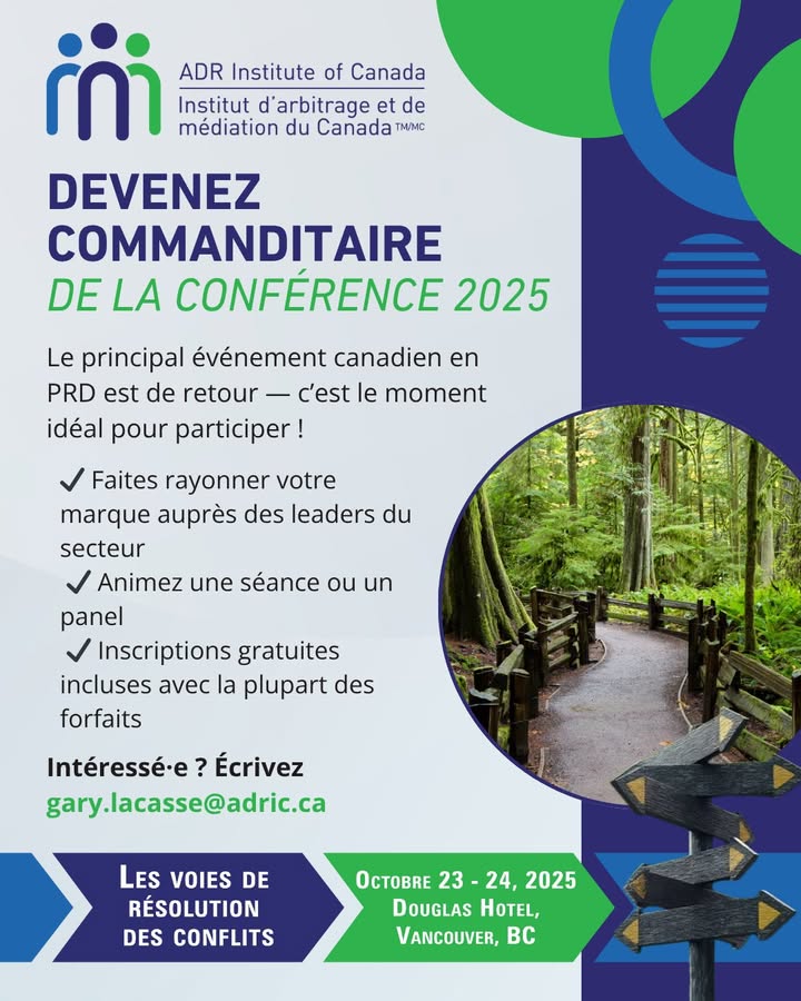 🎉 Become a Sponsor of the ADRIC 2025 Conference!

Showcase your brand to leaders in dispute resolution from across Canada. Our sponsorship packages offer premium visibility, engagement, and networking opportunities.

🔗 Partner with us: zurl.co/KedyR