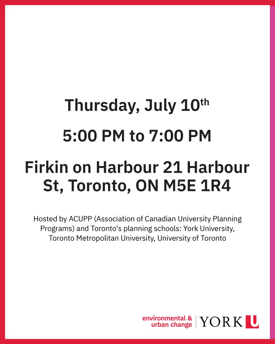 #YorkUEUC invites you to the Canadian Planning Schools (ACUPP) Alumni Mixer! Network with fellow alumni from #YorkU, TMU, and U of T. Everyone’s welcome!

📅 July 10
🕔 5:00–7:00 PM
📍 Firkin on Harbour, 21 Harbour St, Toronto

Registration 🔗 | bit.ly/4lzYT7h.