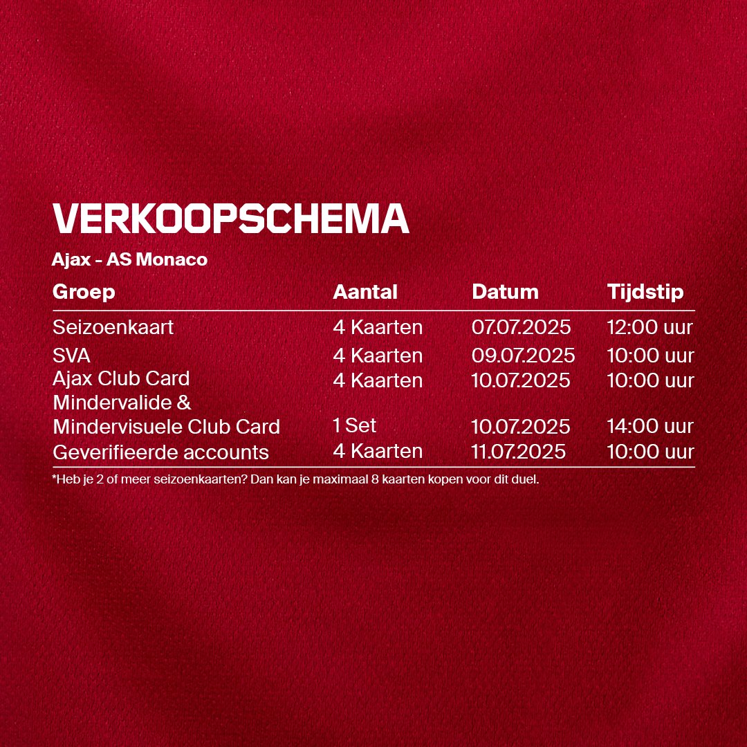 BILLETTERIE AJAX ❌️❌️❌️

Pour l'amical du 03/08 face à Monaco, modalités de vente ⤵️

Je suis membre cette saison donc accès à partir du 10/07 à 10h (DM si intéressé).
A partir de 15€.