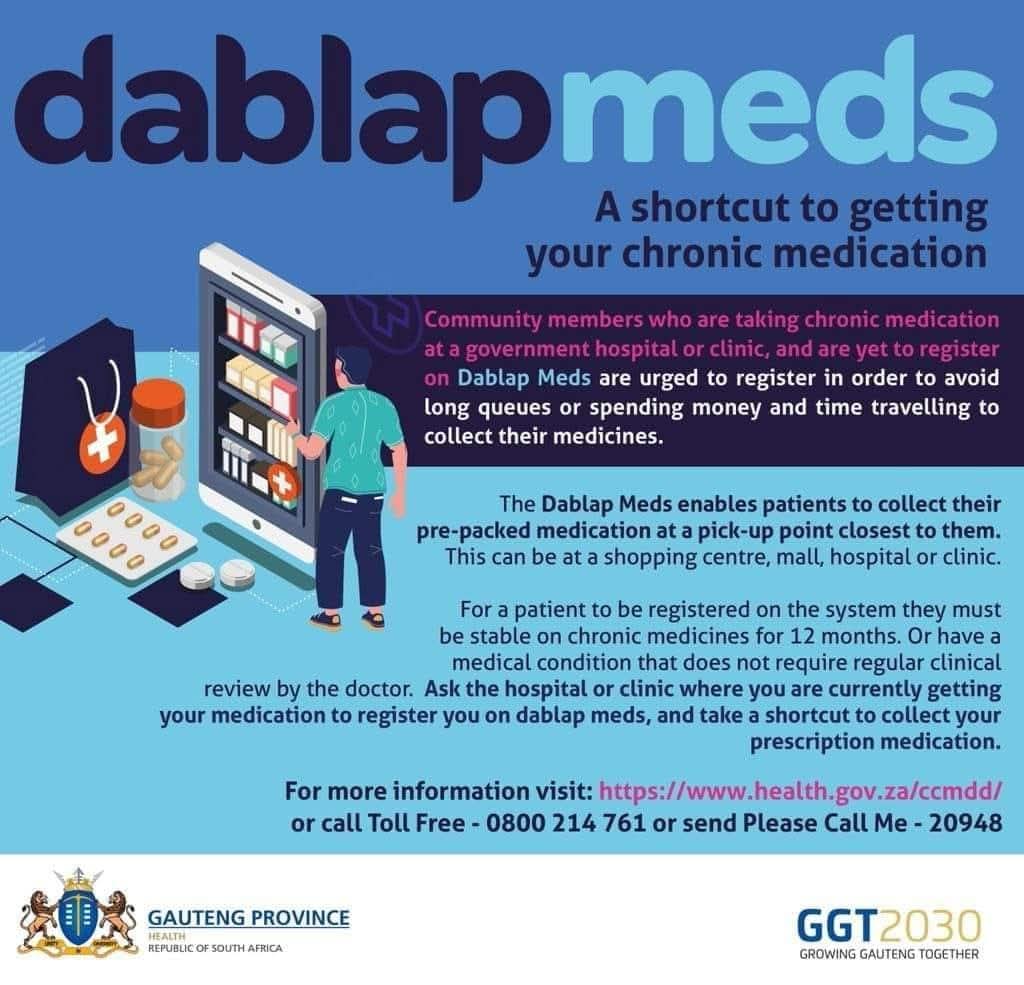 Healthjhb's tweet photo. #Dablap Meds is a free service that helps people get their chronic medication more easily and conveniently.
You can ask your nurse about registering for the #Dablap Meds service.
#AsibeHealthyGP https://t.co/g1T9GsuhrB