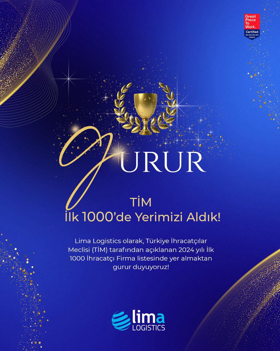 Limalojistik's tweet photo. Türkiye İhracatçılar Meclisi (TİM) tarafından açıklanan 2024 yılı İlk 1000 İhracatçı Firma listesinde yer alarak, sektörümüzde 54. sırada olmanın gururunu yaşıyoruz!💫
.
.
.
#limalogistics #limaeurope #limagreen #tim https://t.co/3UnoL92TUz